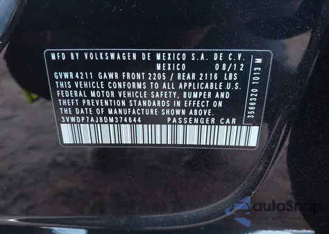 2013 Volkswagen Jetta 2.5L Se из США, поврежденный, VIN 3VWDP7AJ8DM374644